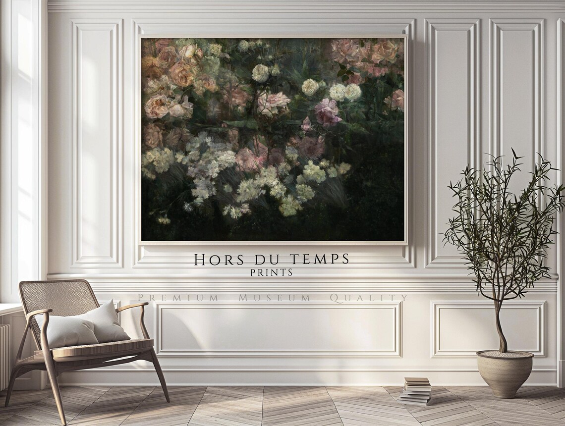 Vintage Lush Roses Pink White Blooms Dark Foliage Floral Poster - Image 2