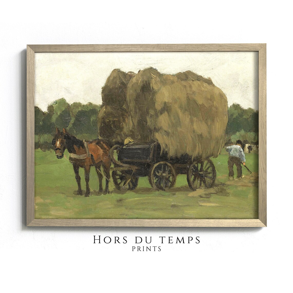 Horse Drawn Hay Wagon Harvest Field Vintage Oil Painting Poster