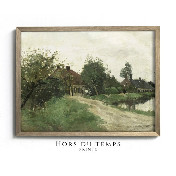 Moody Green Tone Village Landscape Art Antique Rustic Farmhouse Oil Painting Hors Du Temps Prints