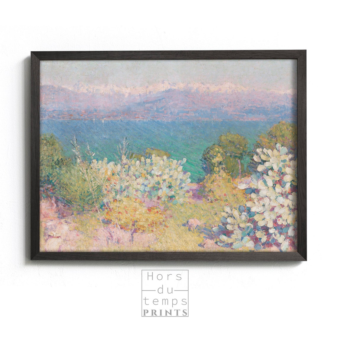 Turquoise Coastal Seascape Flowering Bushes Vintage Art Poster - Image 2