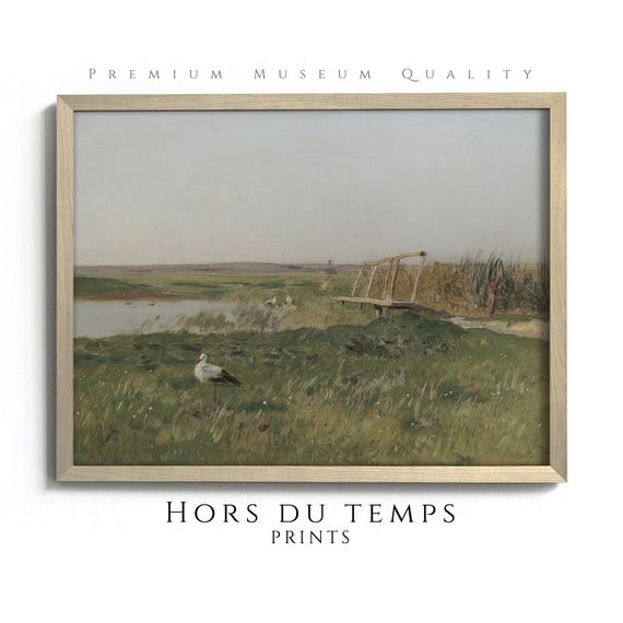 Storks Along The Country River Muted Green Tones Field Landscape Village Cottagecore Farmhouse Vintage Art Hors Du Temps Prints