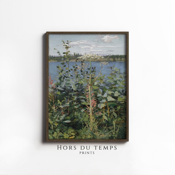 Lakeside Wildflower Meadow Blue Water Vintage Botanical Poster