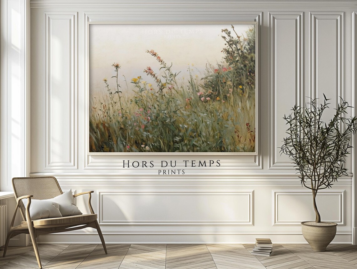 Soft Wildflower Hillside in Pale Morning Light Vintage Painting Poster - Image 2