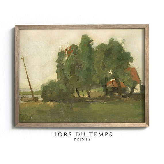 Muted Green Tones Landscape Neutral Nature Art Vintage Village Farmhouse Wall Decor Hors Du Temps Prints