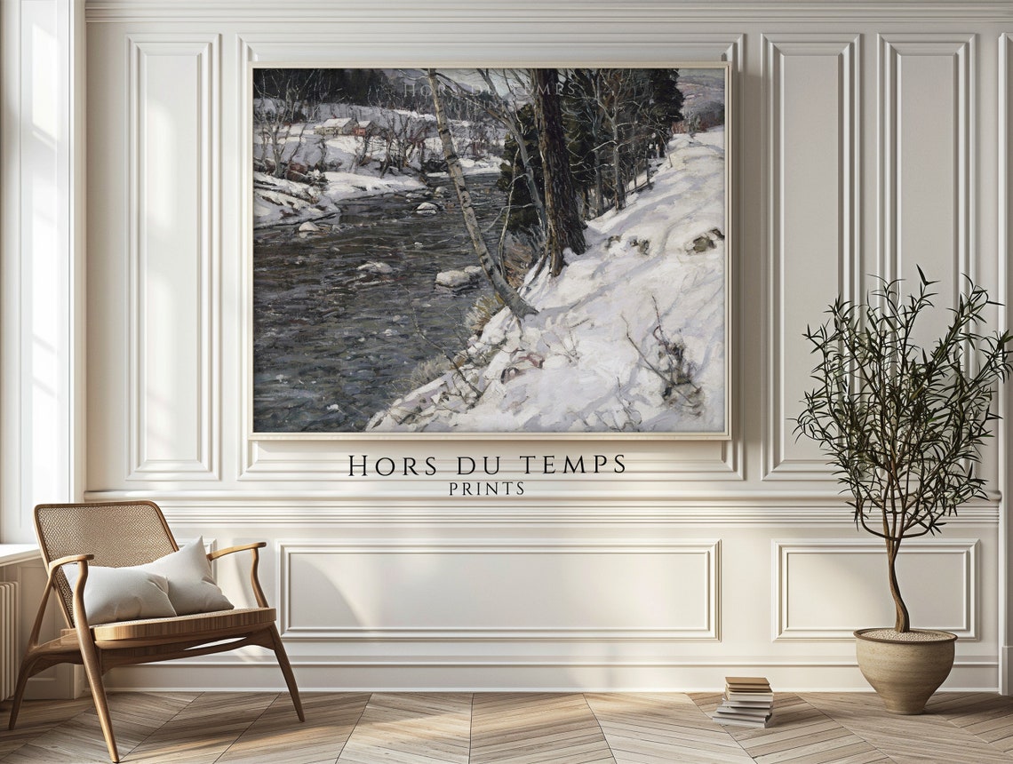 Winter River Through Snowy Woods Village Vintage Landscape Poster - Image 2