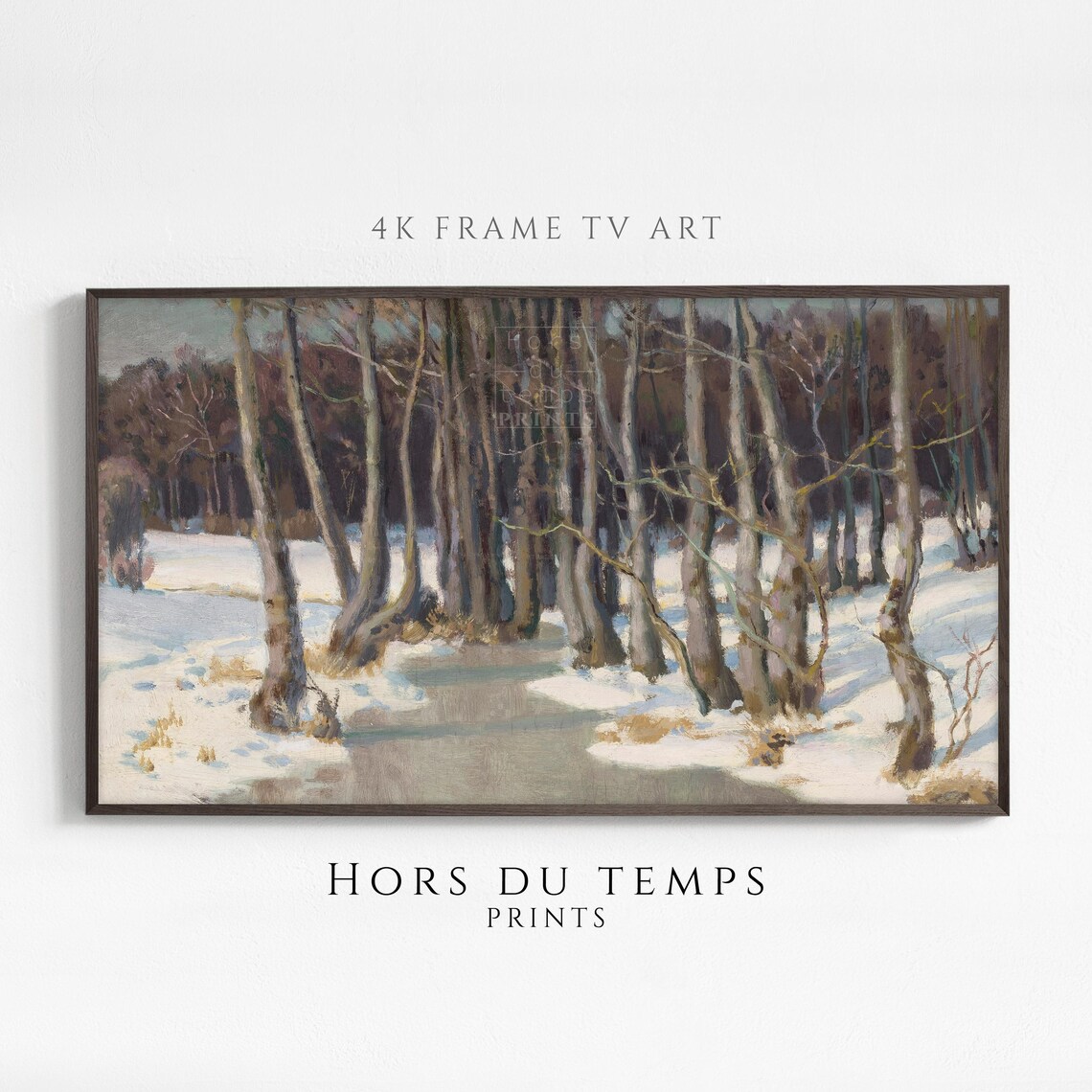 Tall Winter Trees Along a Frozen Stream Snowy Landscape Poster