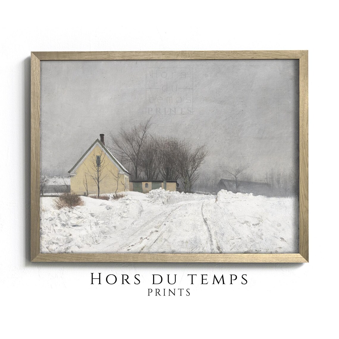 Yellow Cottage in Deep Snow Gray Winter Day Landscape Painting Poster
