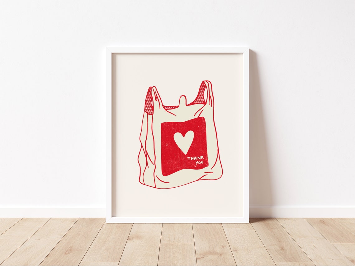 Thank You Grocery Bag Red Heart Line Art Kitchen Decor Wall Print - Image 2