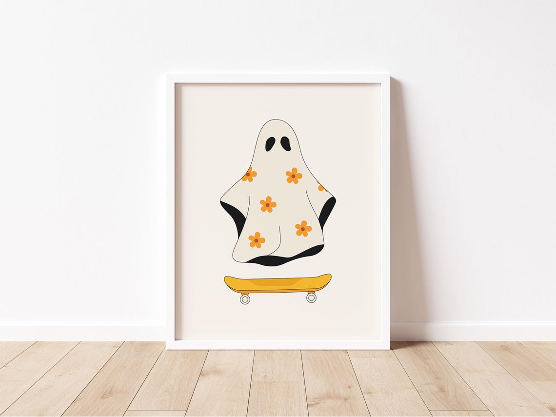 Floral Ghost Riding Skateboard Retro Groovy Halloween Fun Wall Art - Image 2