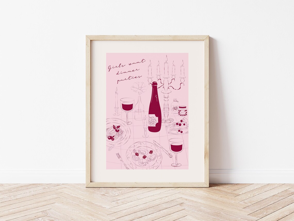 Girls Want Dinner Parties Italian Wine Pasta Line Art Poster - Image 2
