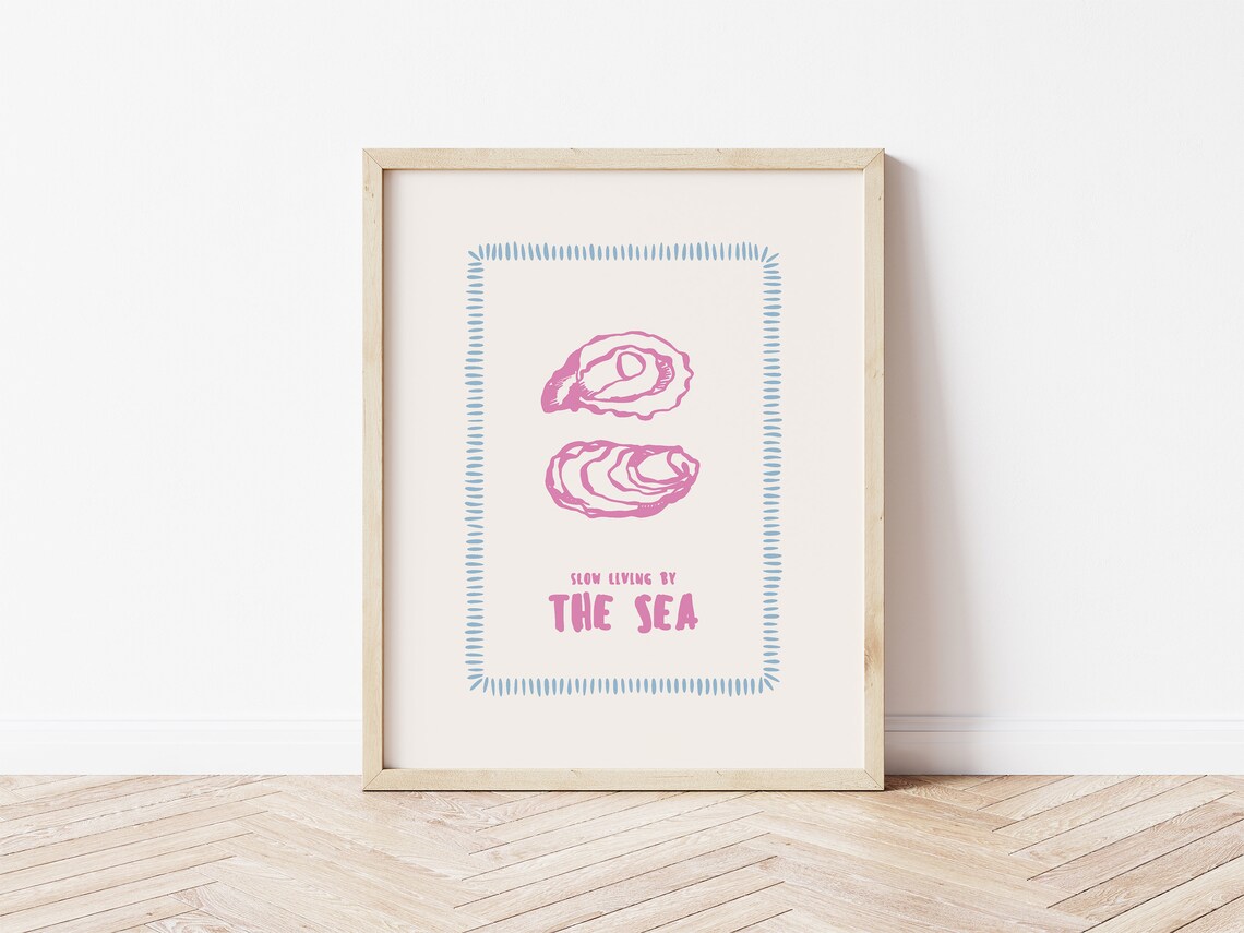 Slow Living By The Sea Pink Oyster Coastal Quote Line Art Print - Image 2