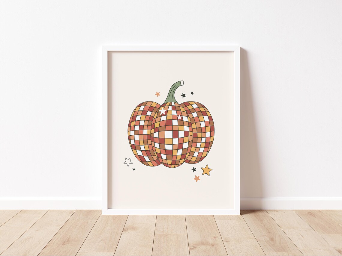 Disco Ball Pumpkin Retro Halloween Sparkle Stars Fun Art Print - Image 2