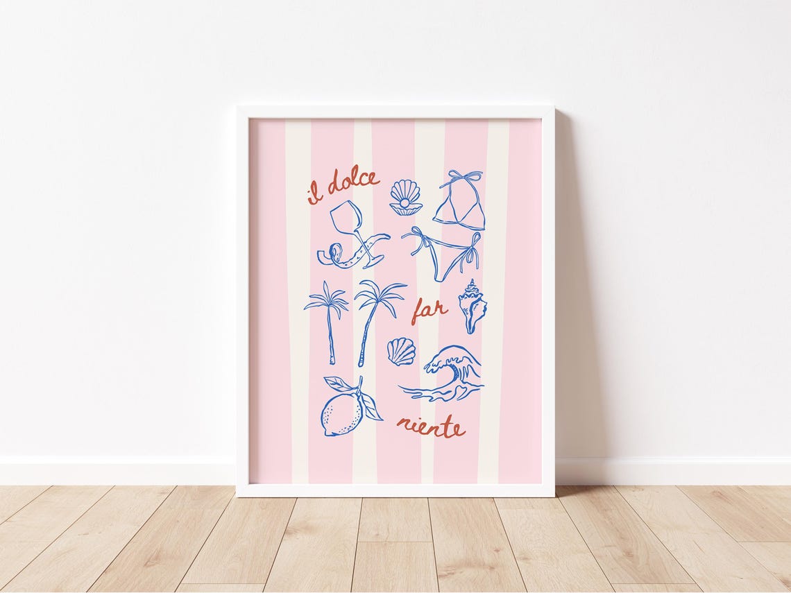 Il Dolce Far Niente Blue Beach Icons Pink Striped Summer Art Print - Image 2