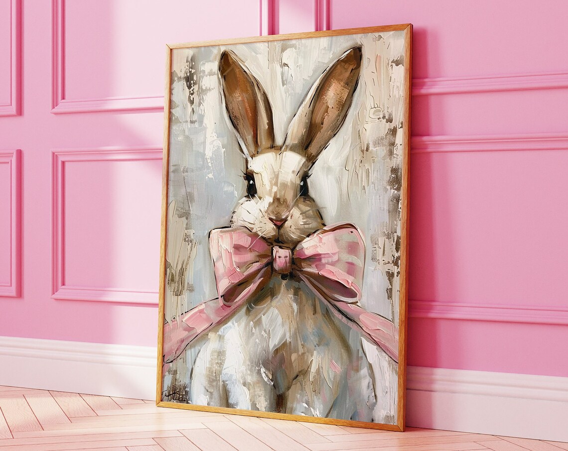 Bunny Rabbit With Pink Bow Soft Brushstroke Painting Art Print