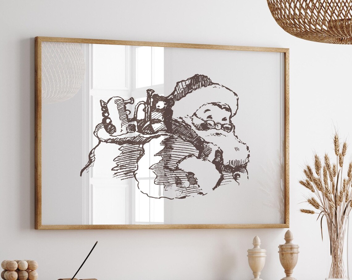 Vintage Santa Claus Sketch With Toy Sack Minimalist Christmas Poster