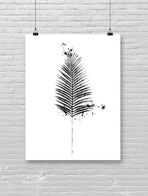 Black Ink Palm Frond Watercolor Minimal Tropical Botanical Poster