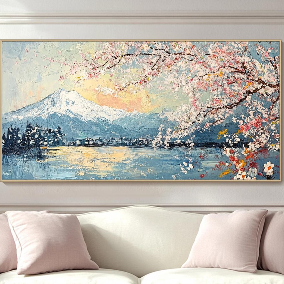 Pink Cherry Blossom Mountain Oil Painting Art Print