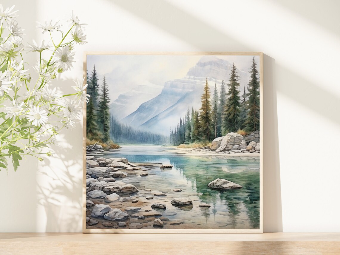 Rocky Shore Mountain Lake Watercolor with Pines and Peak Poster - Image 5
