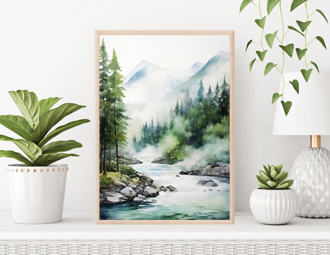 Misty Pine Forest River Watercolor with Mountain Peaks Print - Image 4
