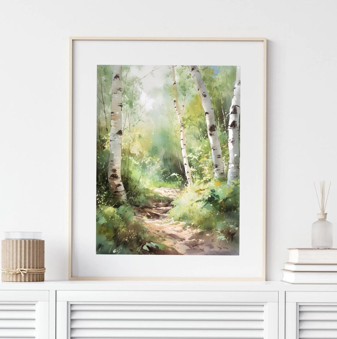 Sunlit Birch Tree Woodland Path Green Watercolor Nature Poster - Image 4