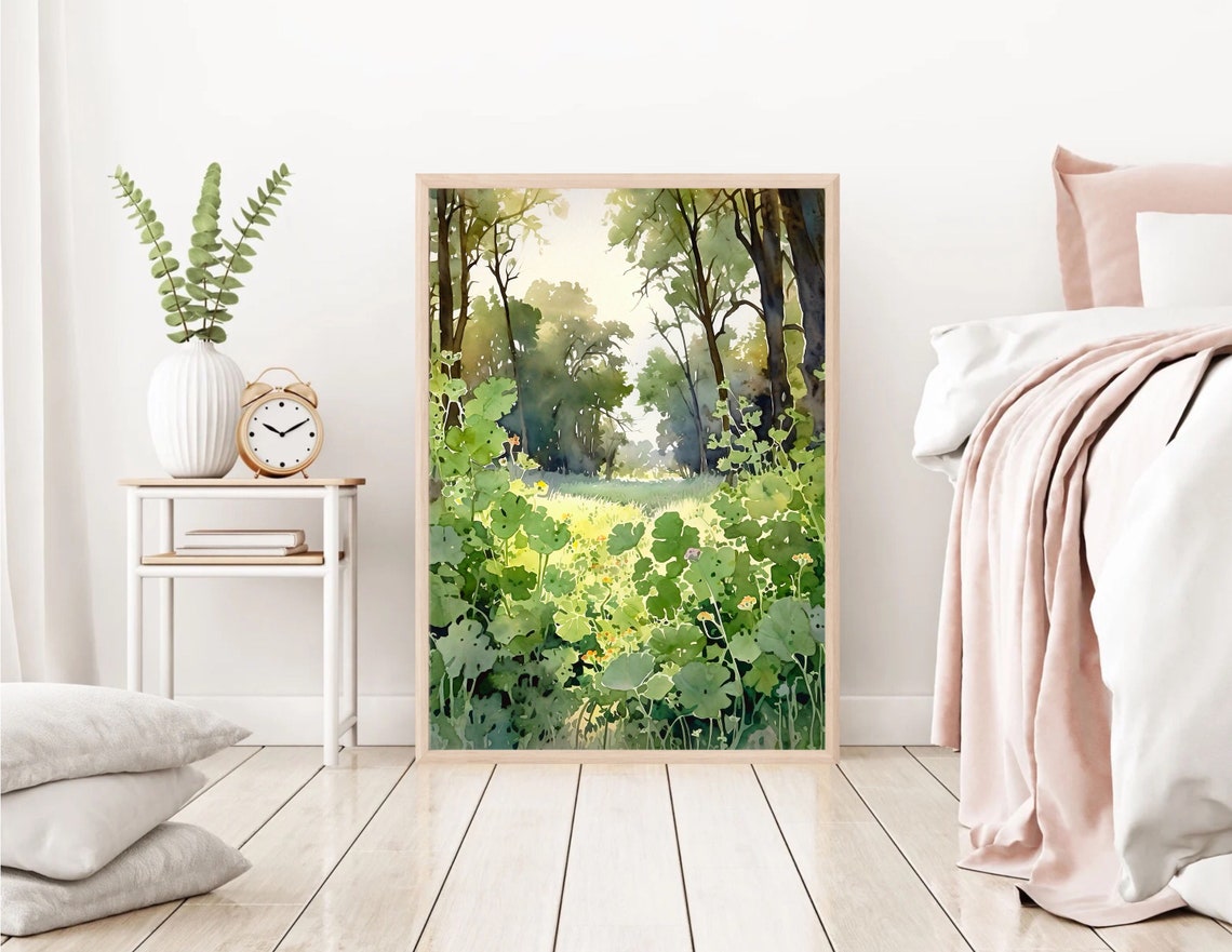 Green Meadow Clearing Sunlit Forest Trees Nature Watercolor Poster - Image 2
