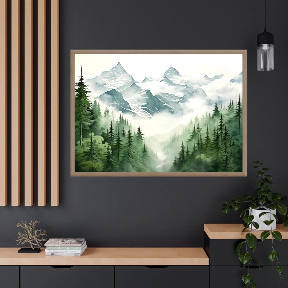 Misty Mountain Forest Foggy Pine Trees Watercolor Nature Poster - Image 3