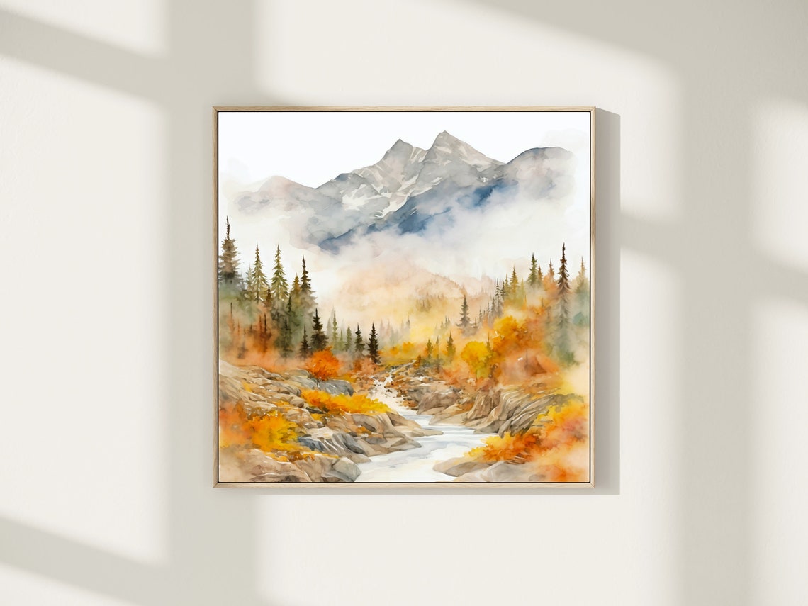 Autumn Mountain Valley Golden River Watercolor Nature Art Poster - Image 4