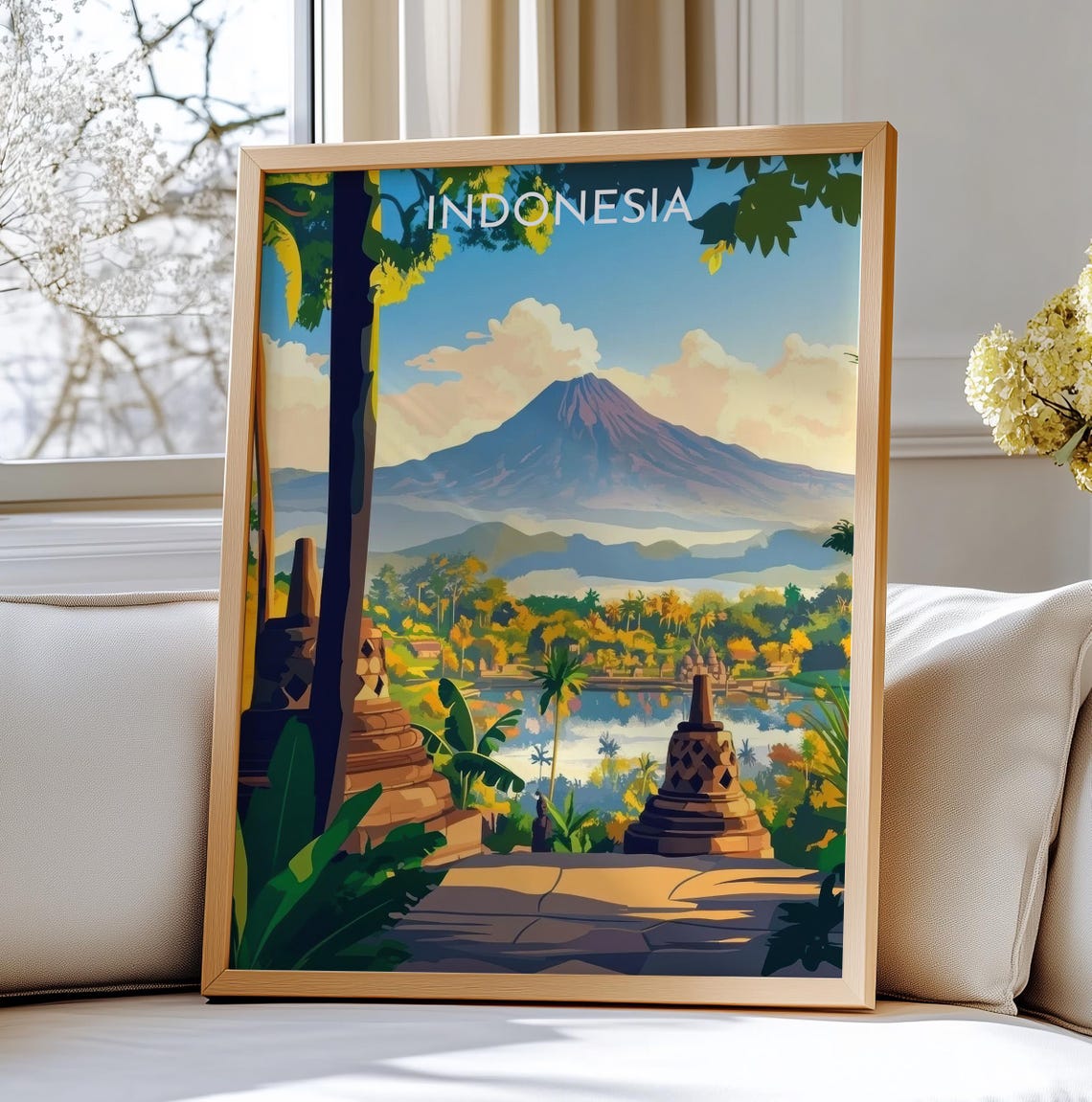 Borobudur Indonesia Temple Volcano Mount Merapi Travel Poster