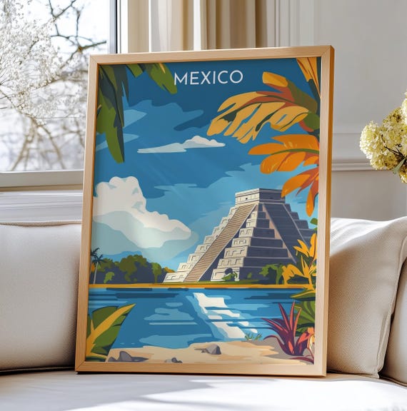 Chichen Itza Mexico Travel Print Art Mayan Pyramid Illustration