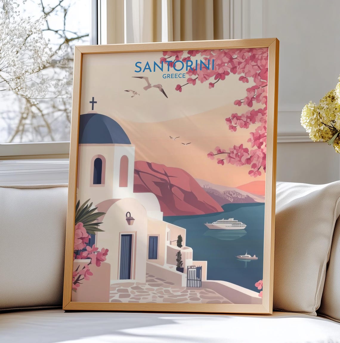 Santorini Greece Blue Dome Church Pink Blossom Travel Art Poster