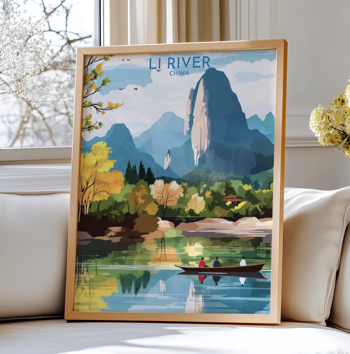 Li River China Karst Mountains Boat Serene Landscape Travel Poster