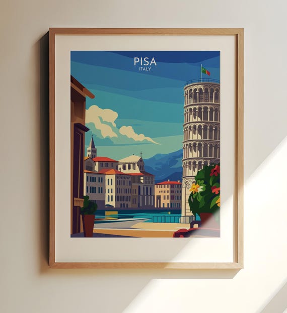Pisa Italy Travel Print Art Leaning Tower Of And Cityscape Illustration