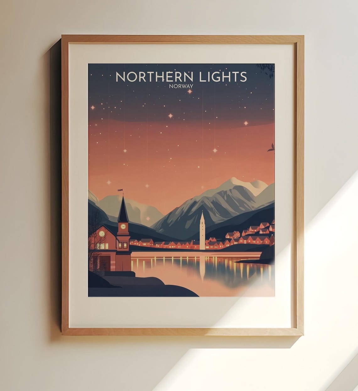 Northern Lights Norway Aurora Fjord Town Night Travel Poster