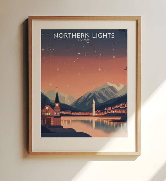Northern Lights Norway Travel Art Print Night Sky Aurora Borealis Wall Decor