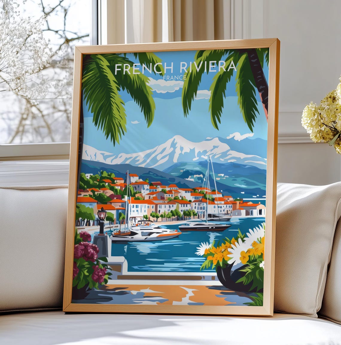 French Riviera France Harbor Yachts Palm Trees Mountain Coast Poster