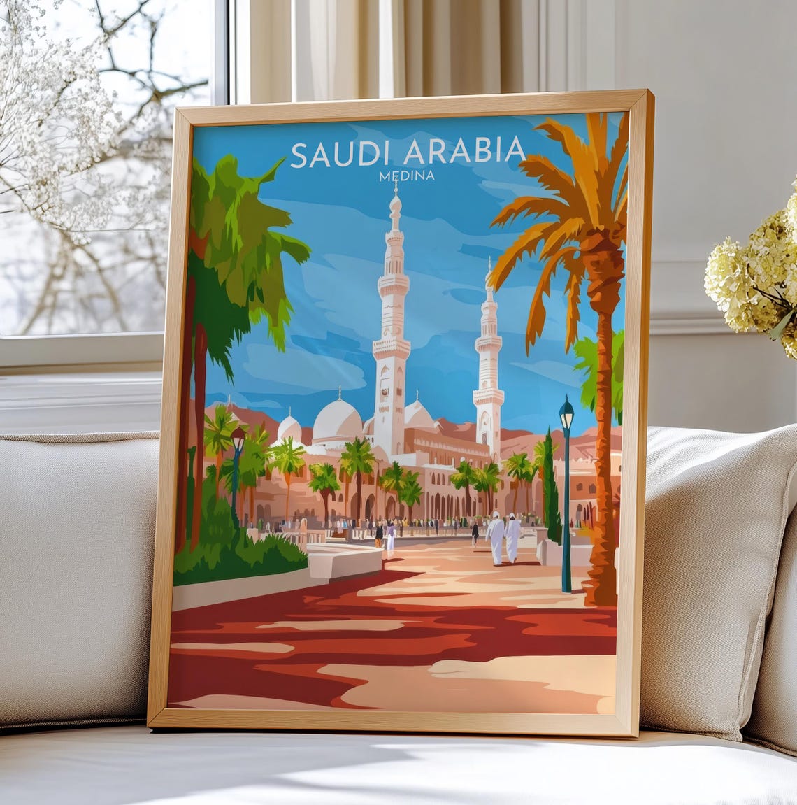 Medina Saudi Arabia Grand Mosque Minarets Palms Travel Poster