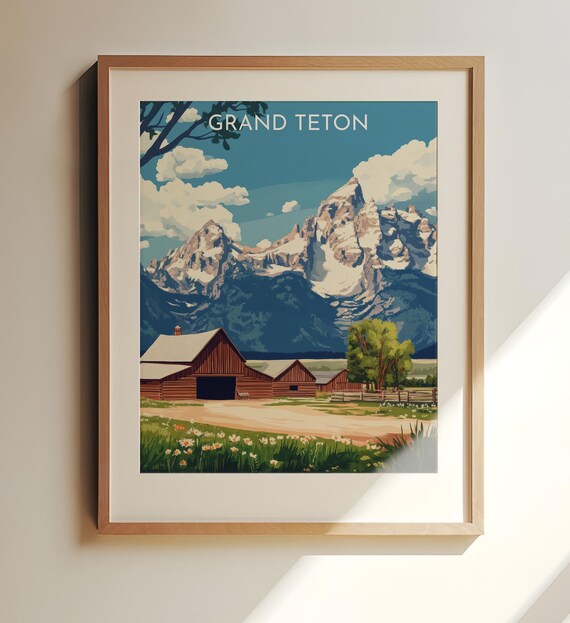 Grand Teton Rustic Barn Mountain Peaks Vintage Travel Art Poster