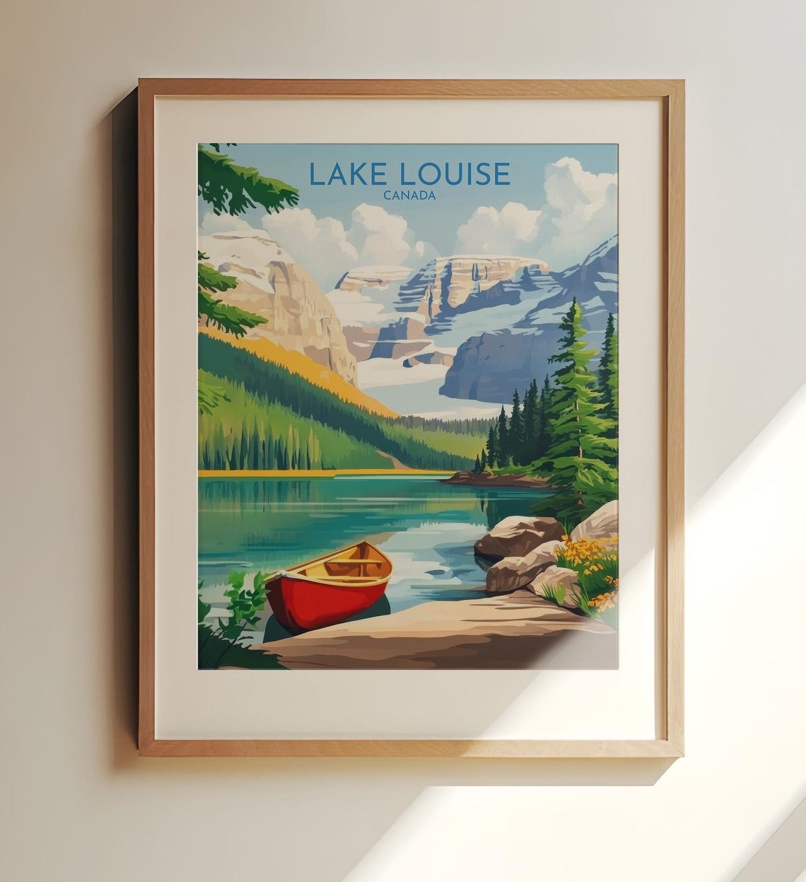 Lake Louise Canada Red Canoe Glacier Peaks Turquoise Water Poster