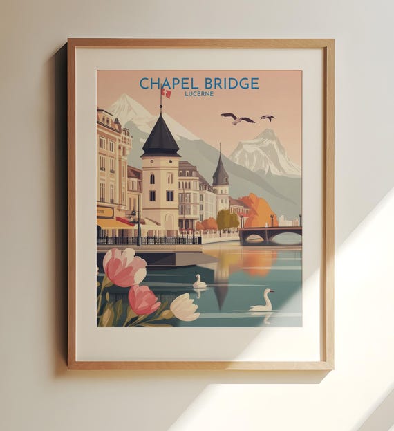 Chapel Bridge Lucerne Travel Art Wall Print And Swiss Alps Illustration