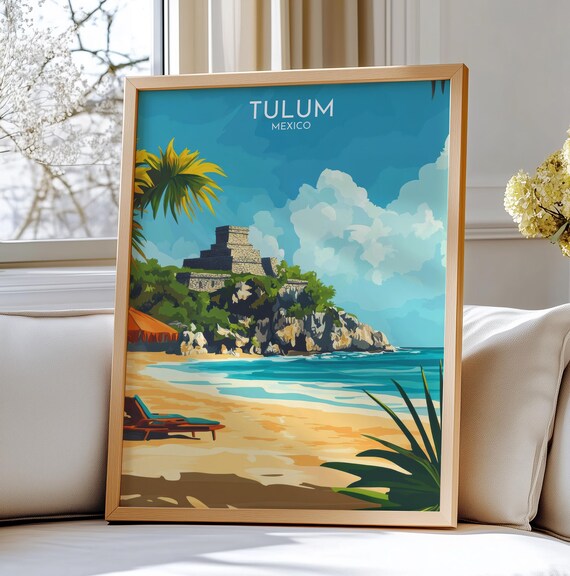 Tulum Mexico Mayan Cliff Ruins Caribbean Beach Travel Art Poster