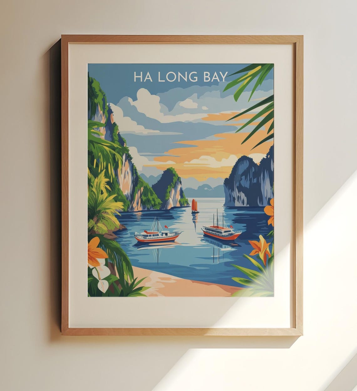 Ha Long Bay Vietnam Karst Islands Junk Boat Sunset Travel Poster