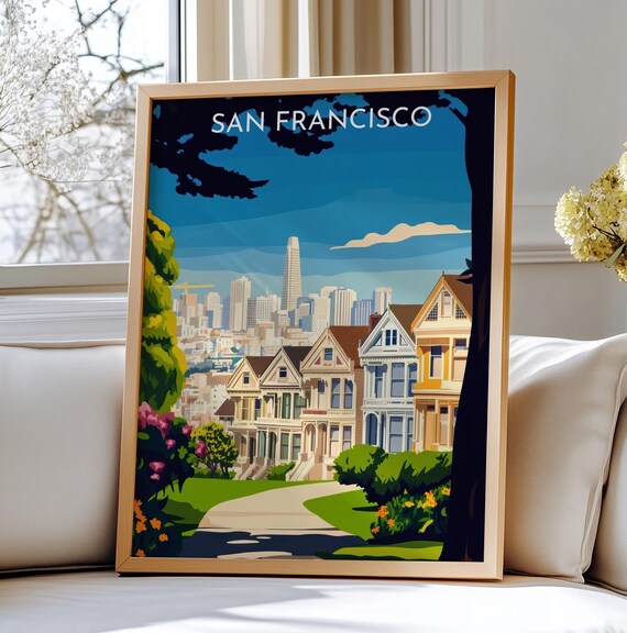 San Francisco Usa Travel Art Wall Print Painted Ladies And Skyline Poster