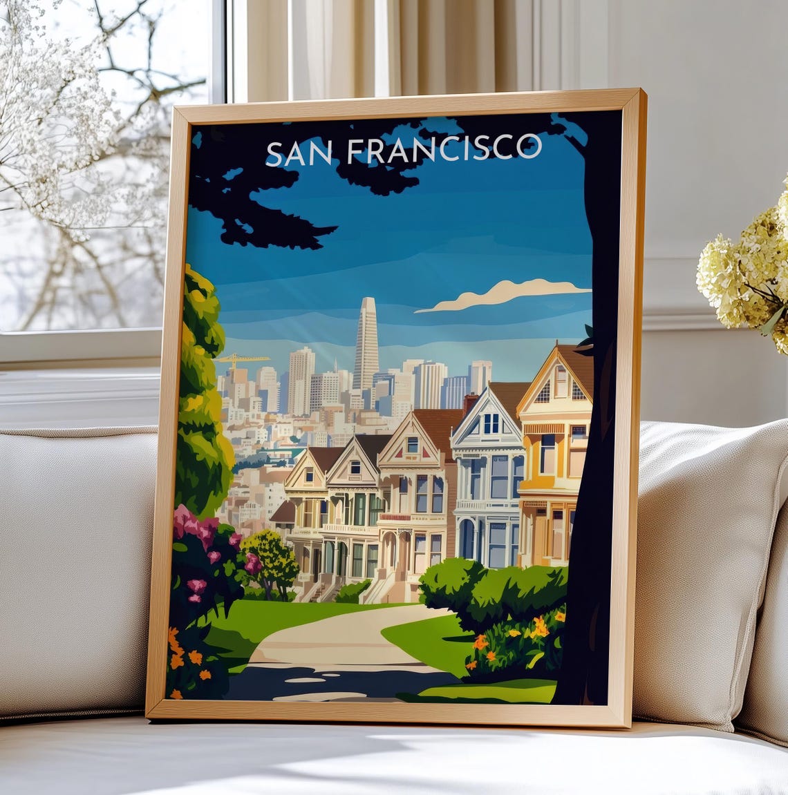San Francisco Vintage Travel Poster Painted Ladies Skyline Scene