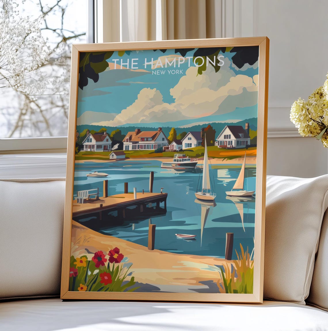 The Hamptons New York Harbor Sailboats Dock Seaside Art Poster