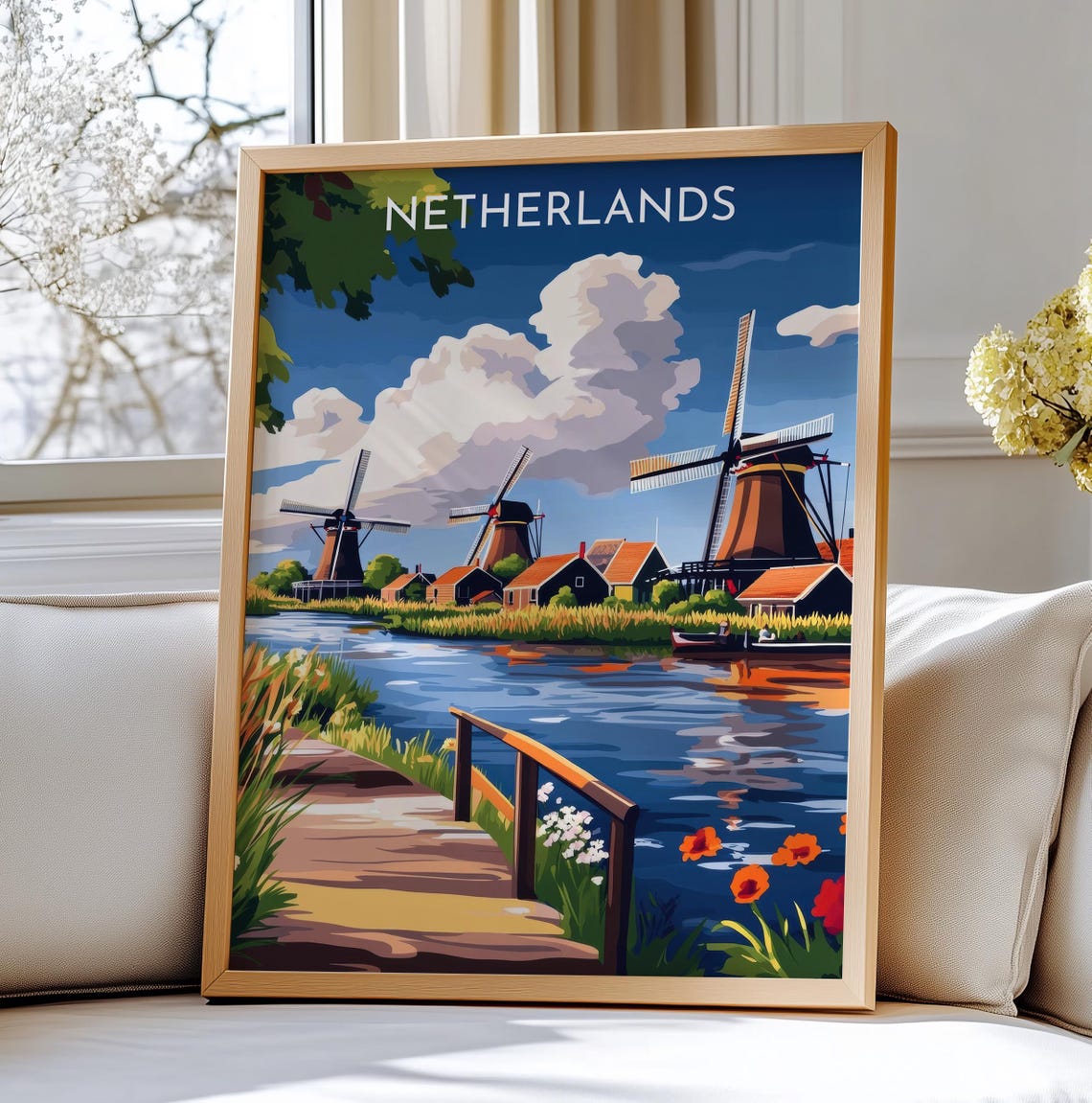 Netherlands Dutch Windmill Canal Village Vintage Travel Poster