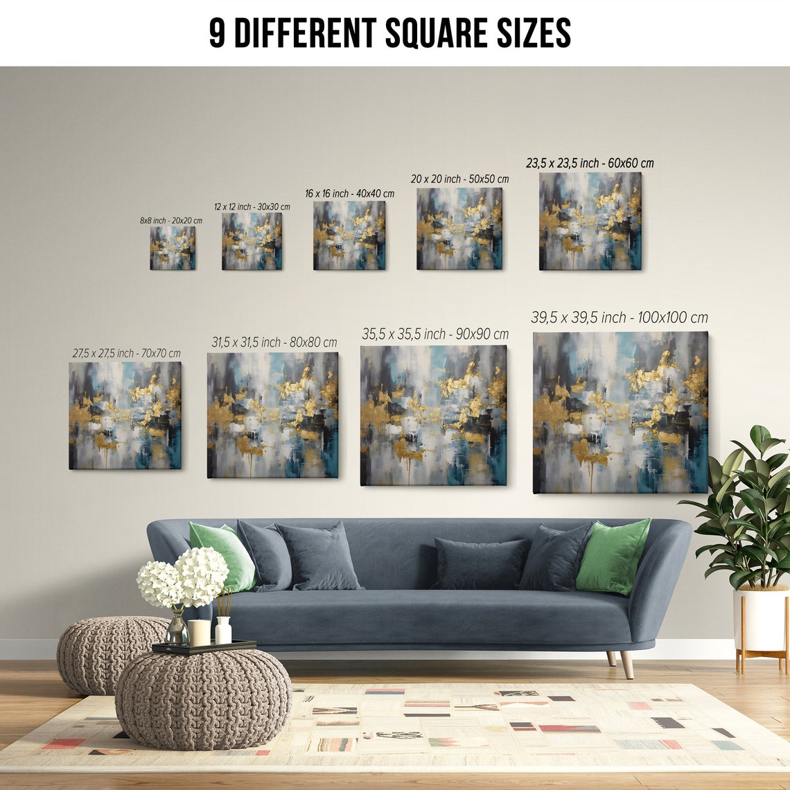 Turquoise Grey Gold Leaf Modern Abstract Painting Elegant Wall Art - Image 2