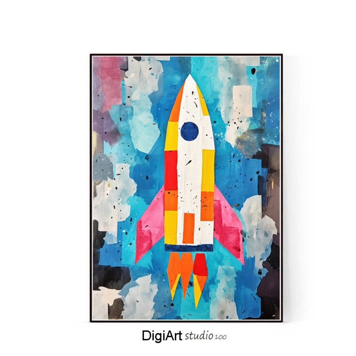 Colorful Rocket Collage Blue Sky Kids Space Adventure Nursery Poster