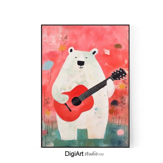 Cute Bear Poster Bear Playing Guitar A Lady Bear Playing A Music Kids Room Poster Nursery Decor Music Animals Music