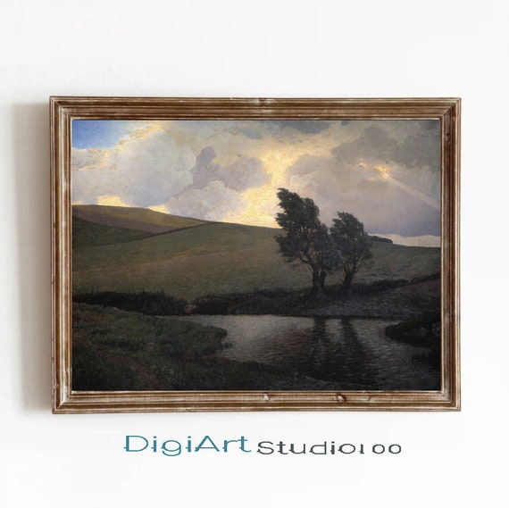 Vintage Moody Landscape Painting Showery Landscape Dark Marsh Grassland