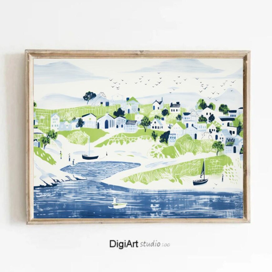 Coastal Village Green Hills Blue Harbor Illustration Art Poster